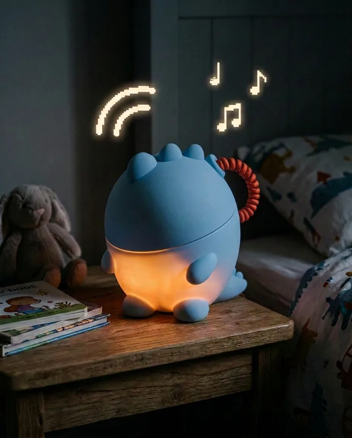 Een gesloten blauwe Kicoo met dinoskin licht warm op op een nachtkastje in een kinderkamer.