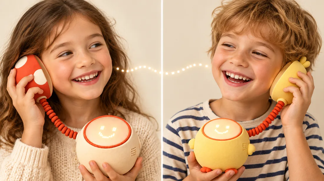 Een meisje en een jongen bellen elk met hun eigen Kicoo naar elkaar, met een lichtspoor tussen beide toestellen.
