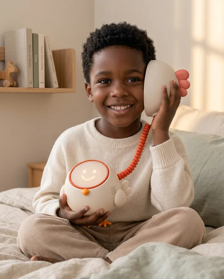 Een lachende jongen houdt de kiphoorn van Kicoo aan zijn oor en de bal in zijn hand.